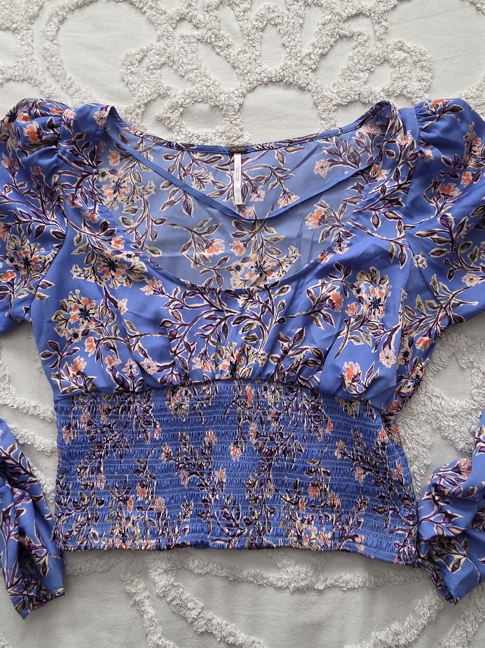 Free People Blue Floral Smocked Crop Top